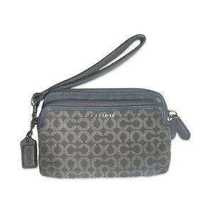 Coach Logo C Needlepoint Madison Blue and Gray Canvas Wristlet